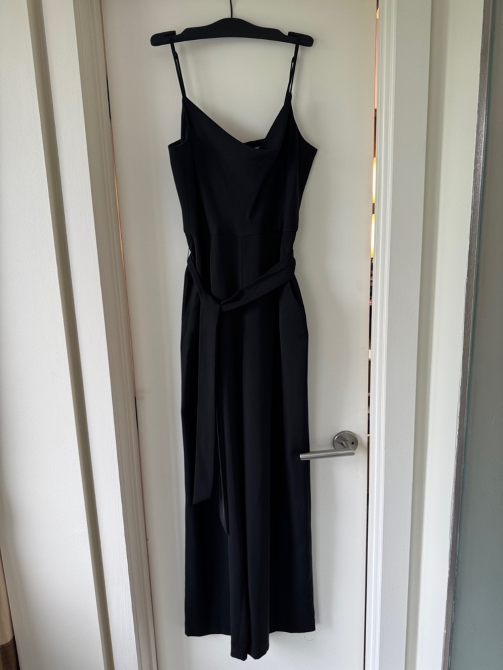 ANTONIO MELANI Black Maxi Spaghetti Strap Jumpsuit with Waist Tie and pockets -6